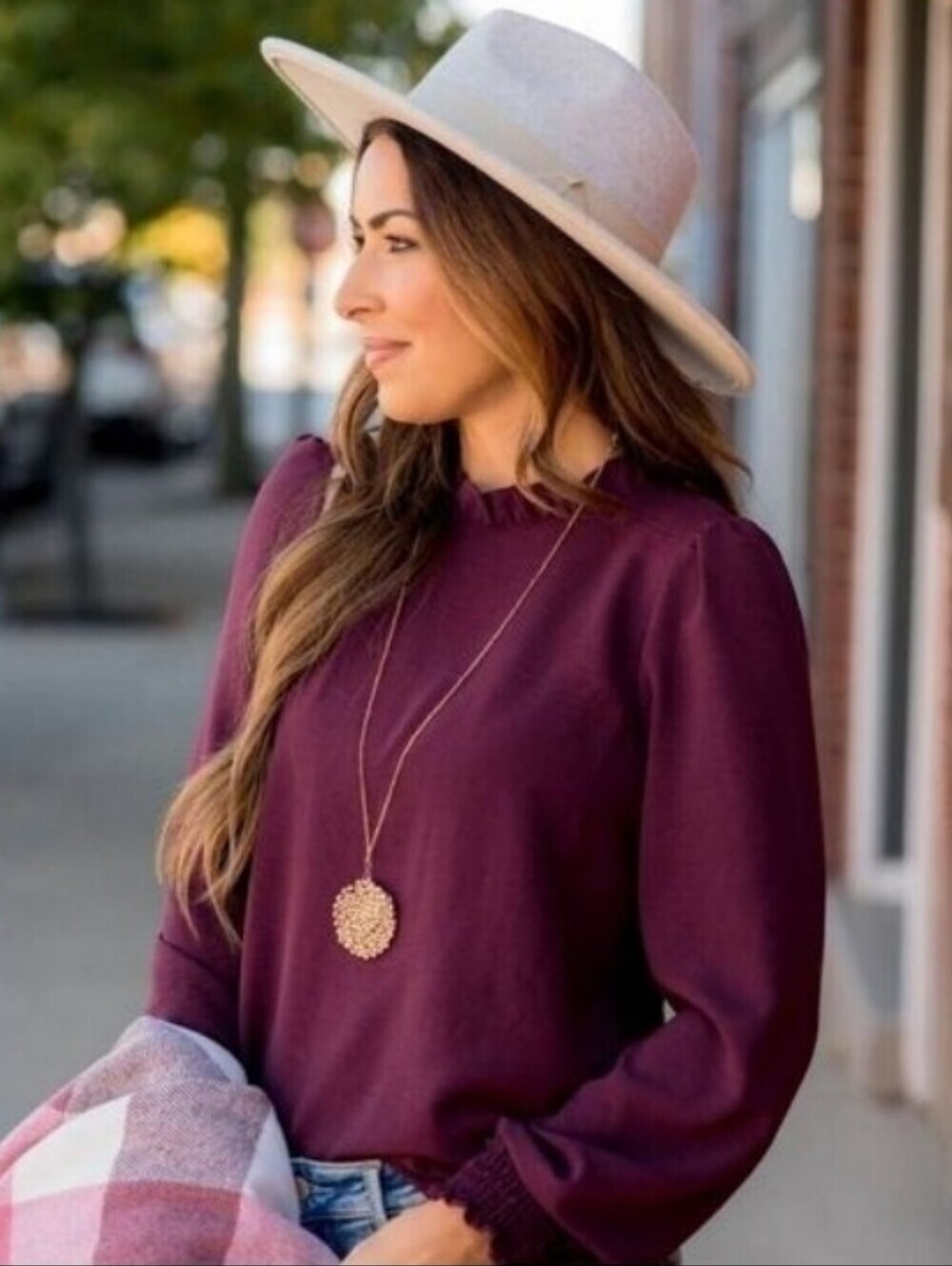 New Look Burgandy Mock Ruffle Neck Shirred Hem Blouse Size 8